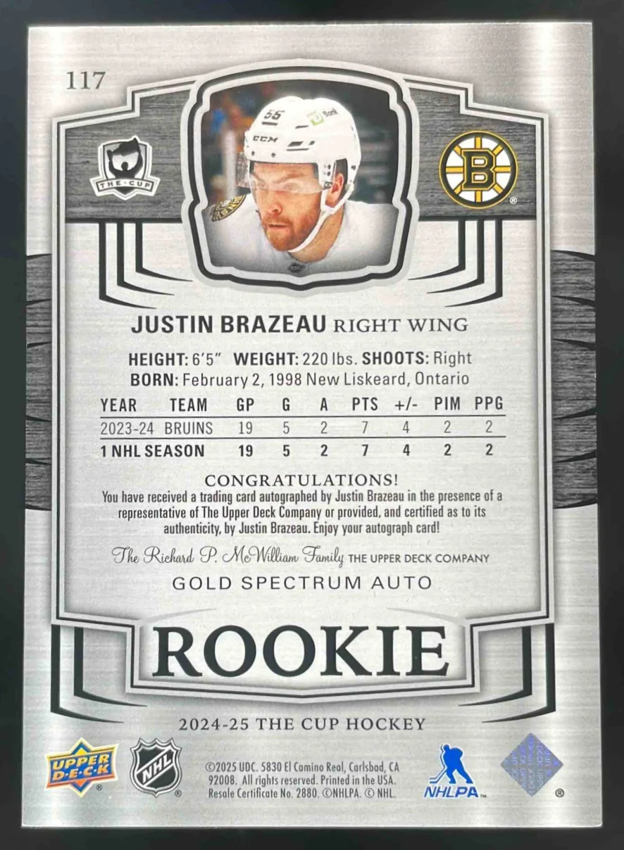 2024-25 Upper Deck The Cup Gold Spectrum Foil #117 Justin Brazeau Auto /36 - Image 2