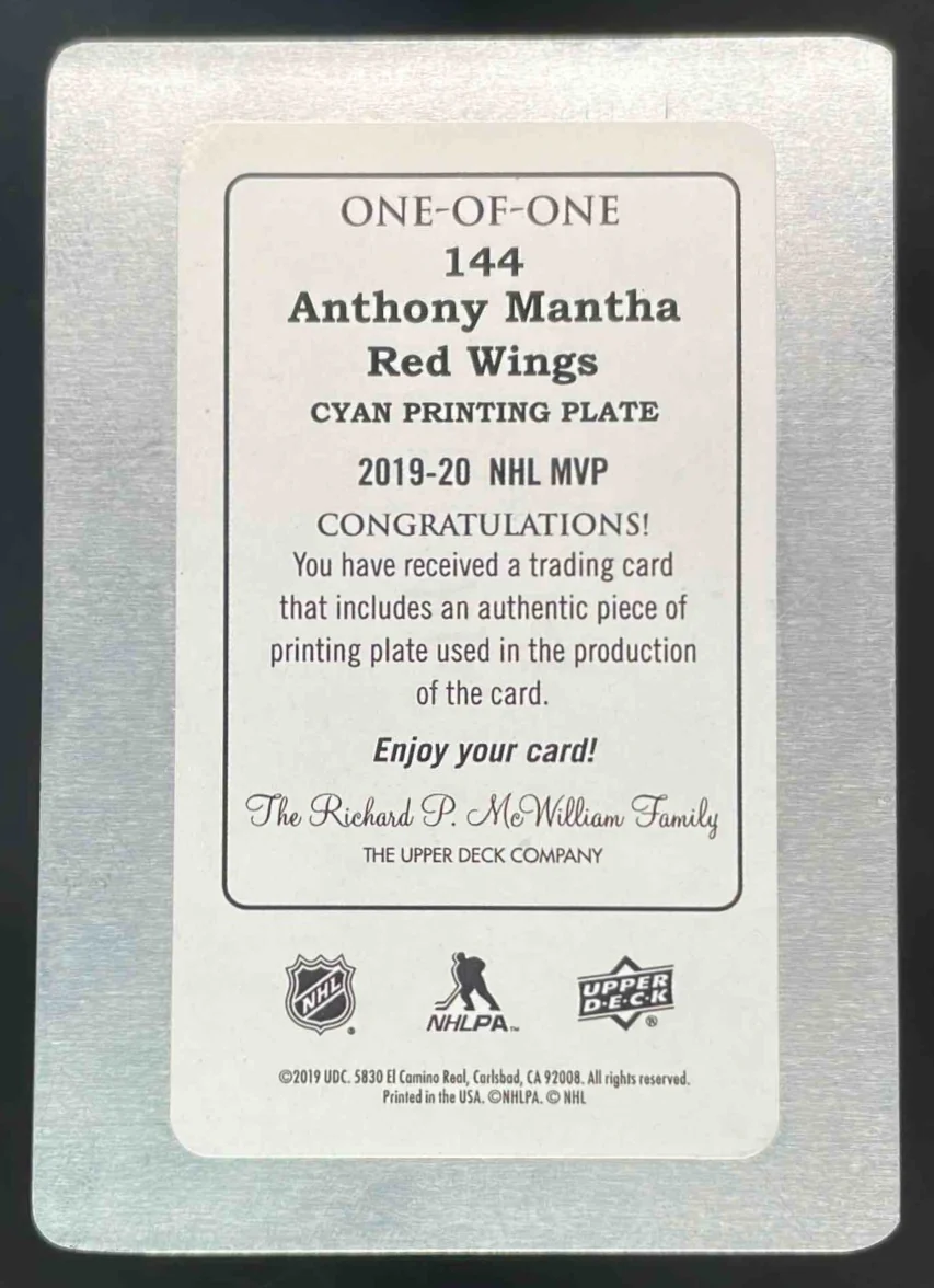 2019-20 Upper Deck MVP Printing Plates Cyan #144 Anthony Mantha 1/1 - Image 2