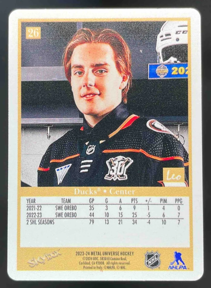 2023-24 Skybox Metal Universe 1990 Skybox Metal Retros #26 Leo Carlsson SP - Image 2