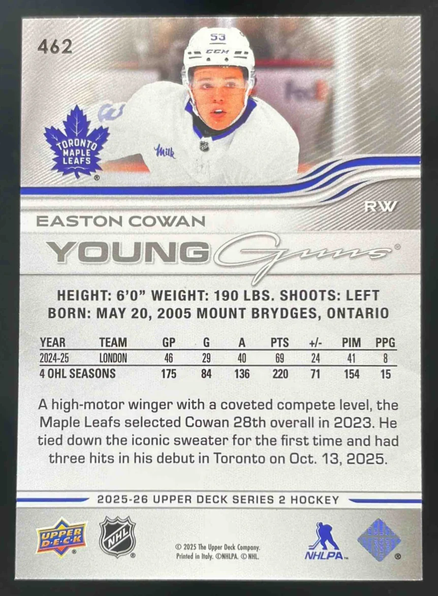 2025-26 Upper Deck Series 2 Young Guns #462 Easton Cowan RC - Image 2