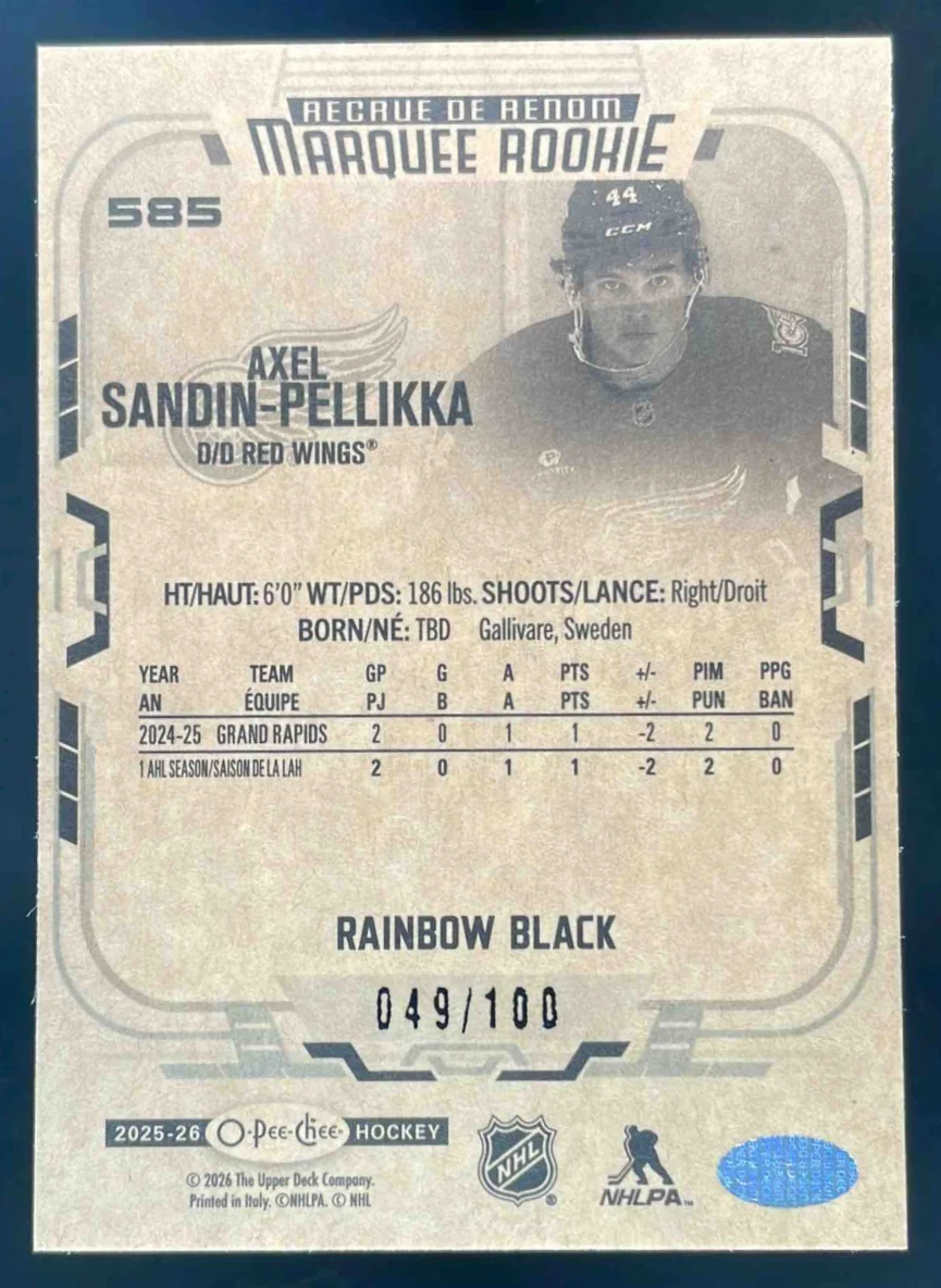 2025-26 O-Pee-Chee Rainbow Foil Black #585 Axel Sandin-Pellikka RC Rookie /100 - Image 2