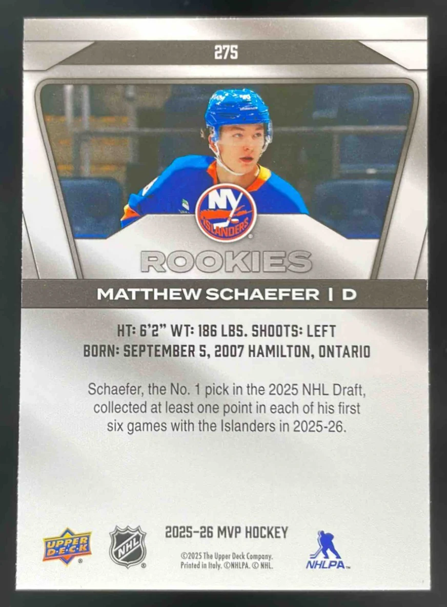 2025 Upper Deck MVP #275 Matthew Schaefer RC - Image 2