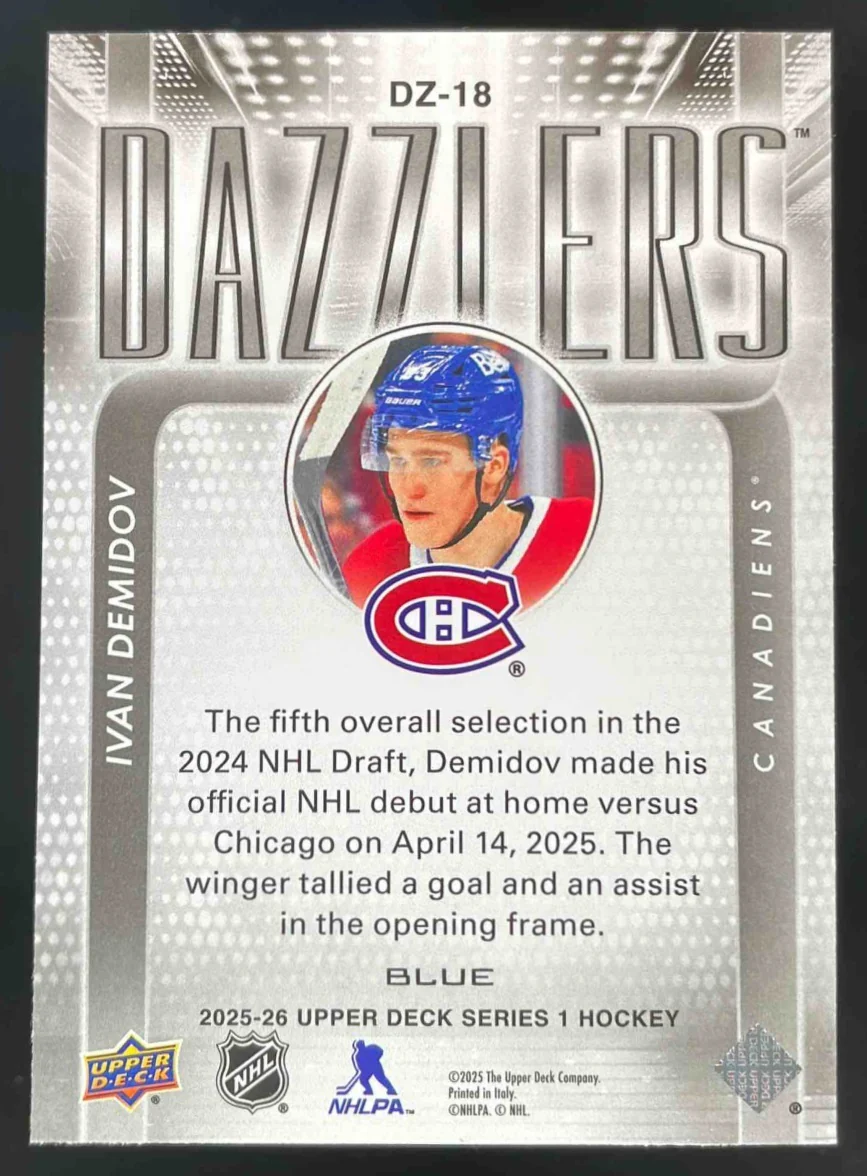 2025 Upper Deck Series 1 Dazzlers Blue #DZ-18 Ivan Demidov RC - Image 2