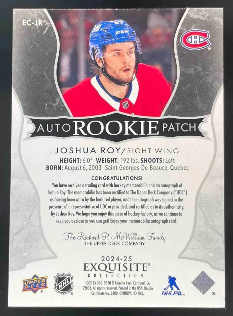 2024 Exquisite Collection Rookie Patch Autograph Joshua Roy RC Auto /89 - Image 2