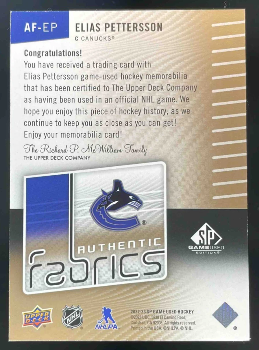 2022-23 SP Game Used Authentic Fabrics Patch #AF-EP Elias Pettersson /35 - Image 2