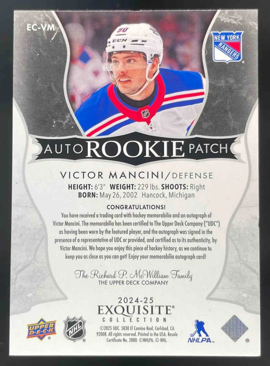 2024 Exquisite Collection Rookie Autograph Patch Victor Mancini RC Auto /90 - Image 2