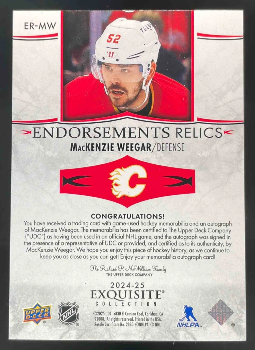 2024 The Cup Exquisite Collection Endorsements Relics MacKenzie Weegar Auto /50 - Image 2