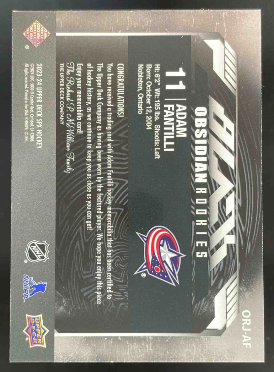 2023-24 Upper Deck SPx UD Black Obsidian Rookie Jerseys Adam Fantilli RC /149 - Image 2