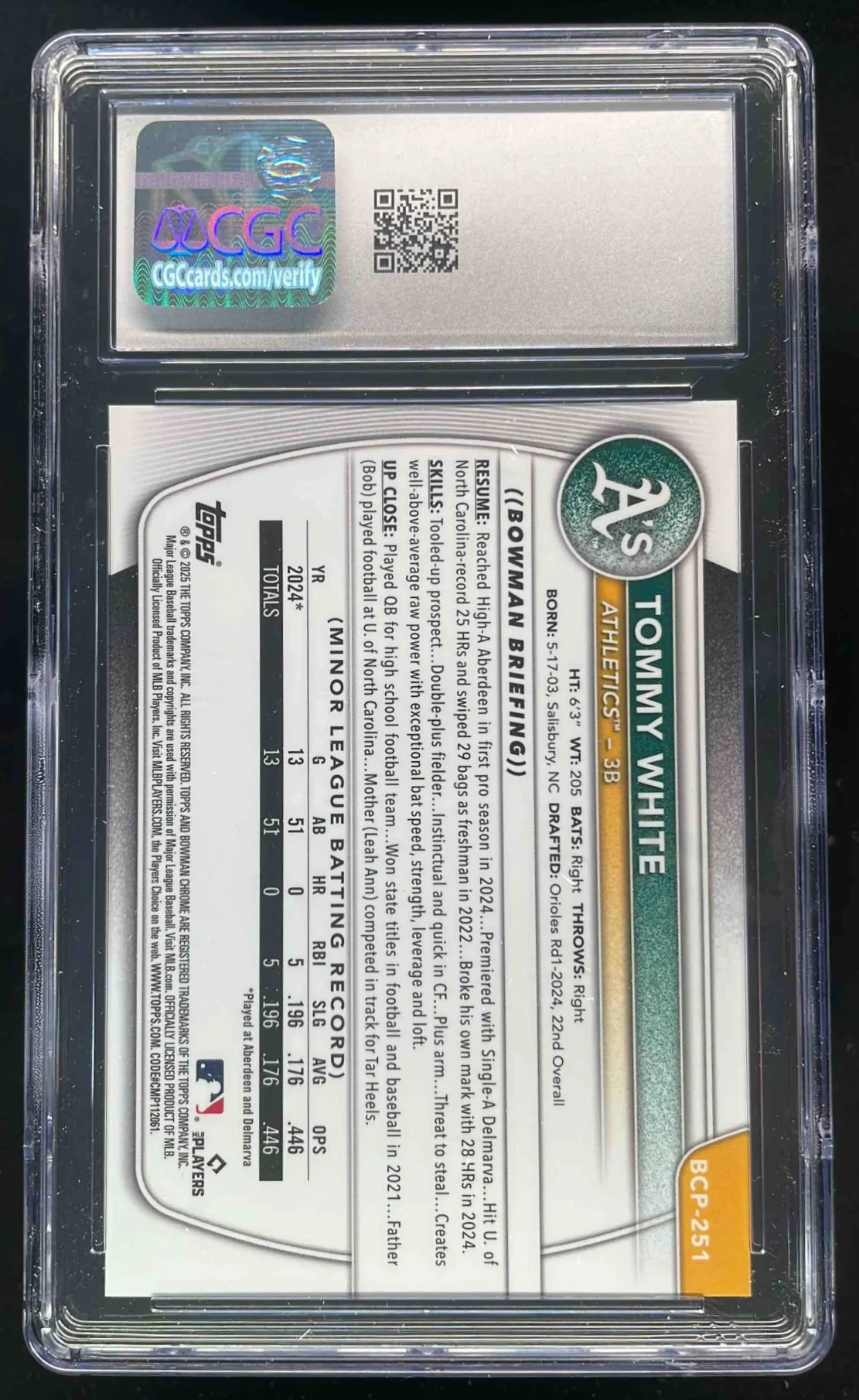 2025 Bowman Chrome Sunflower Seeds Refractor #BCP-251 Tommy White RC CGC 10 - Image 2