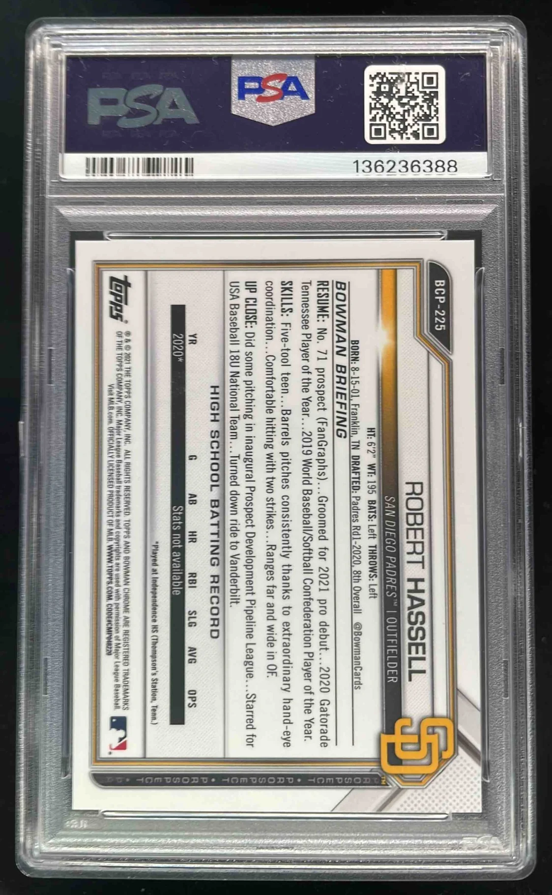 2021 Bowman Chrome Mega Box Red Refractor #BCP-225 Robert Hassell /5 PSA 10 - Image 2