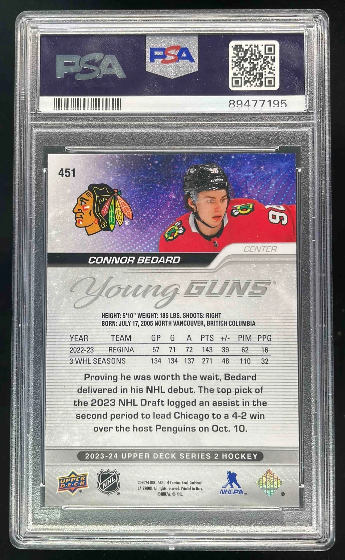 2023-24 Upper Deck #451 Connor Bedard Young Guns RC PSA 10 - Image 2