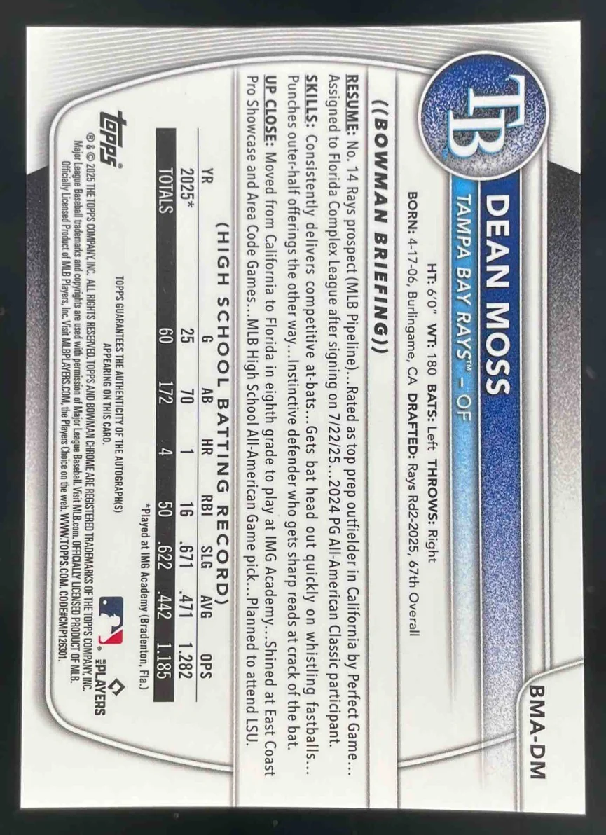 2025 Bowman Chrome Draft Mega Box Prospect Autographs #BMADM Dean Moss Auto - Image 2