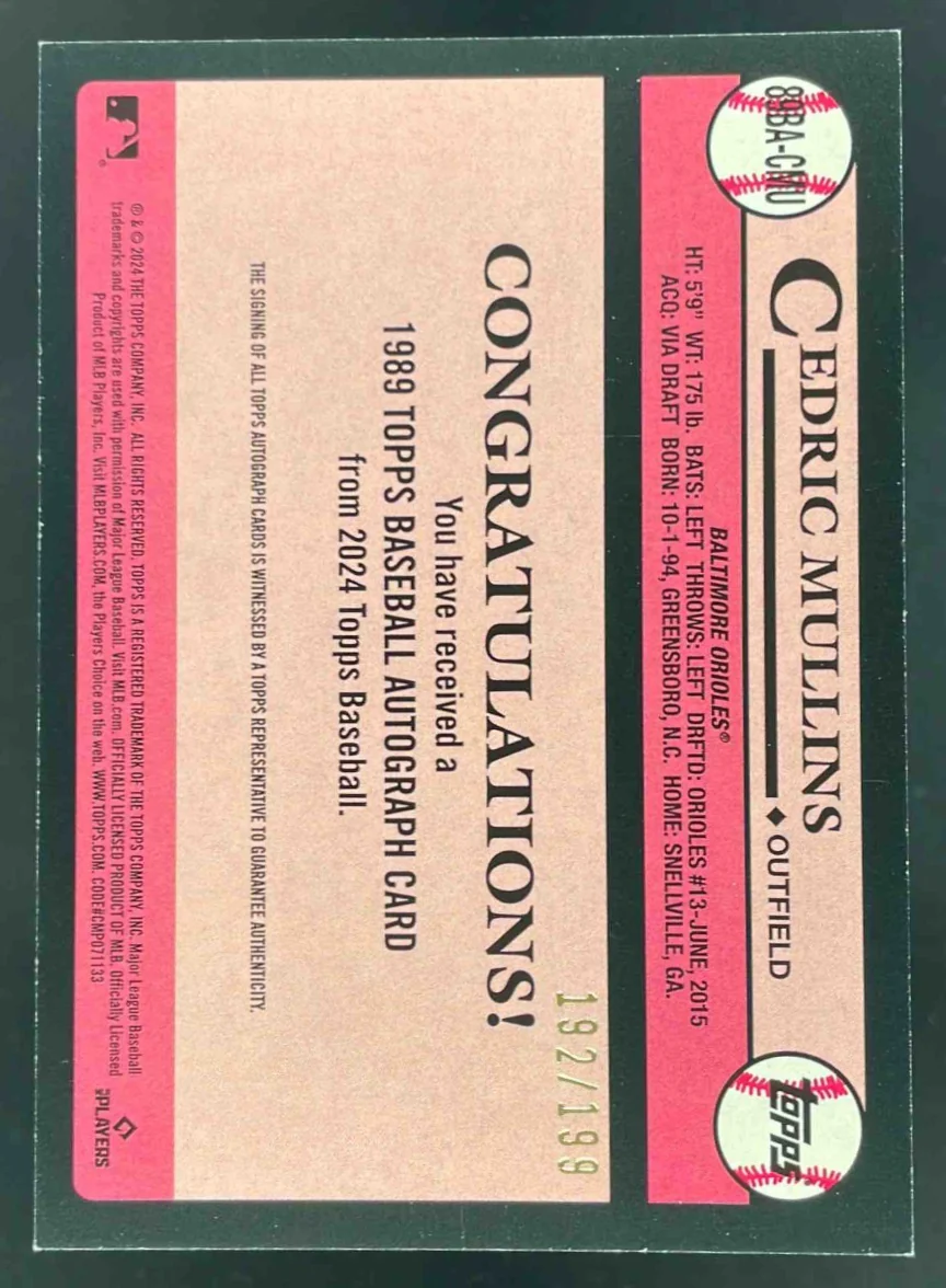 2024 Topps 1989 Baseball 35th Anniversary Black #CMU Cedric Mullins Auto /199 - Image 2