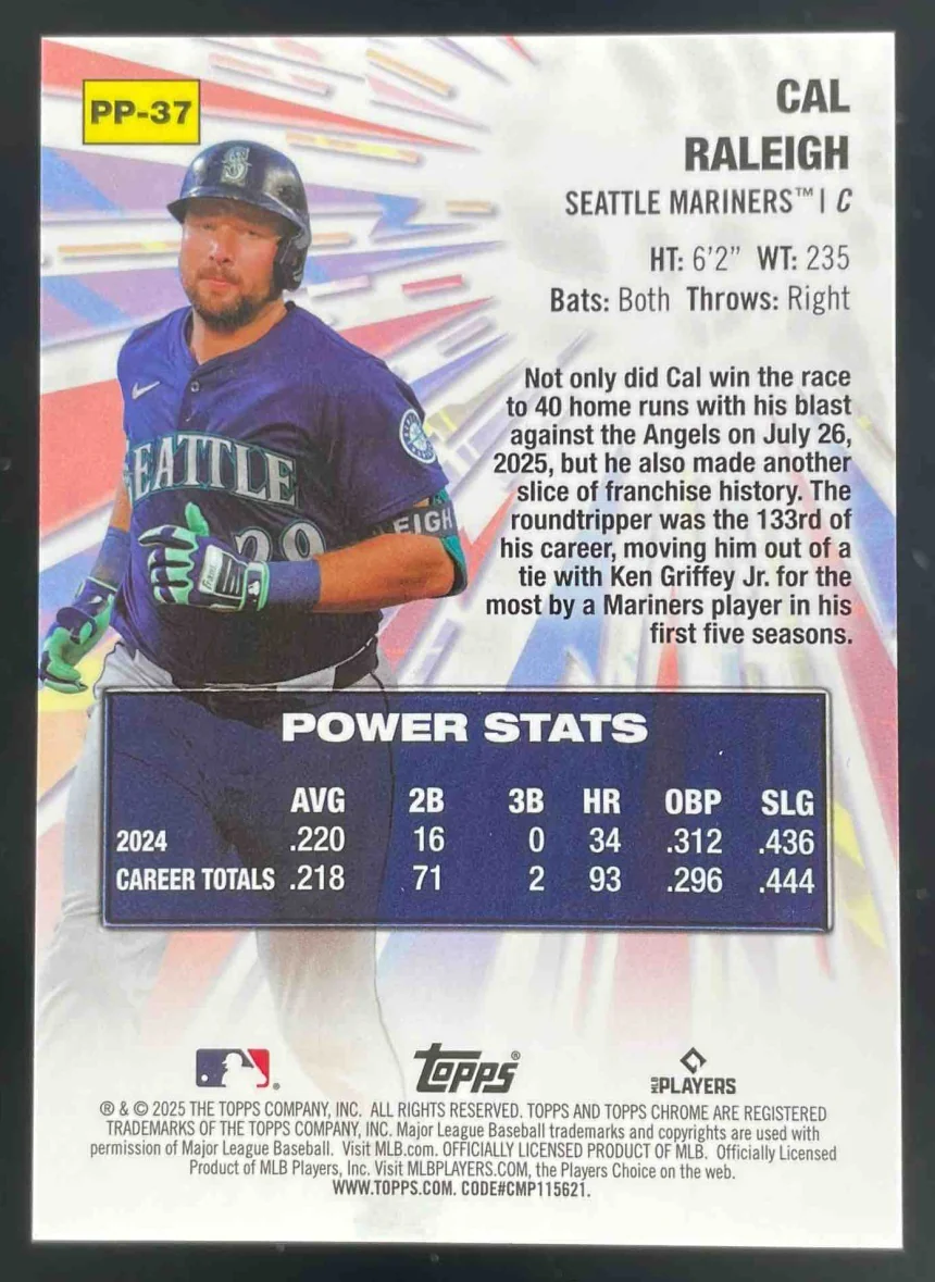 2025 Topps Chrome Update Power Players Orange Refractor #PP-37 Cal Raleigh /25 - Image 2