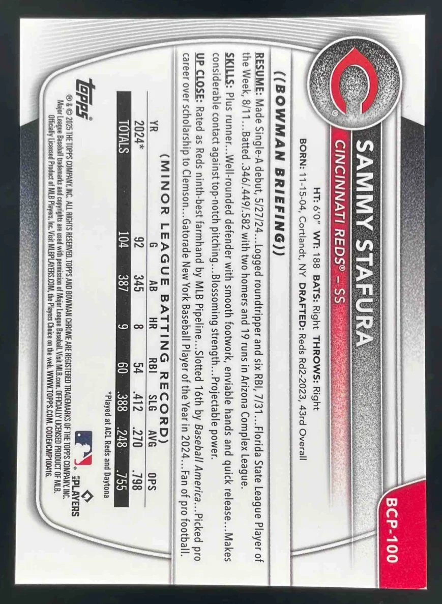 2025 Bowman Sapphire Chrome Gold Refractors #BCP-100 Sammy Stafura RC /50 - Image 2