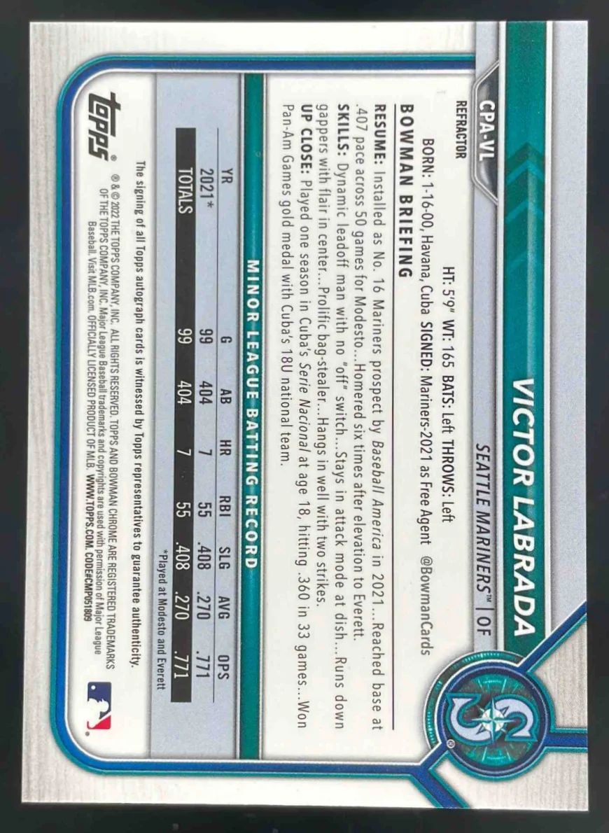 2022 Bowman Chrome Refractor #CPA-VL Victor Labrada Autograph RC Auto /499 - Image 2