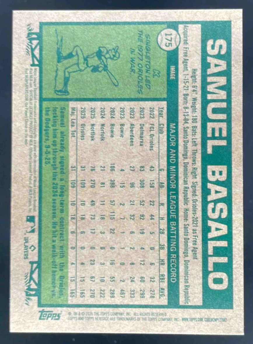 2026 Topps Heritage Image Variation #175 Samuel Basallo RC - Image 2