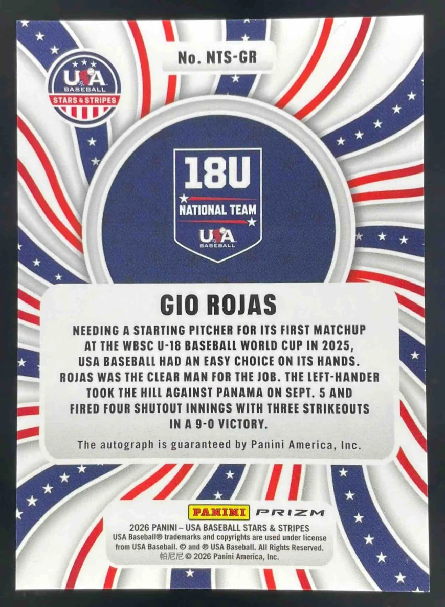 2026 Panini Stars and Stripes Prizm 18U National Team #NTS-GR Gio Rojas Auto - Image 2