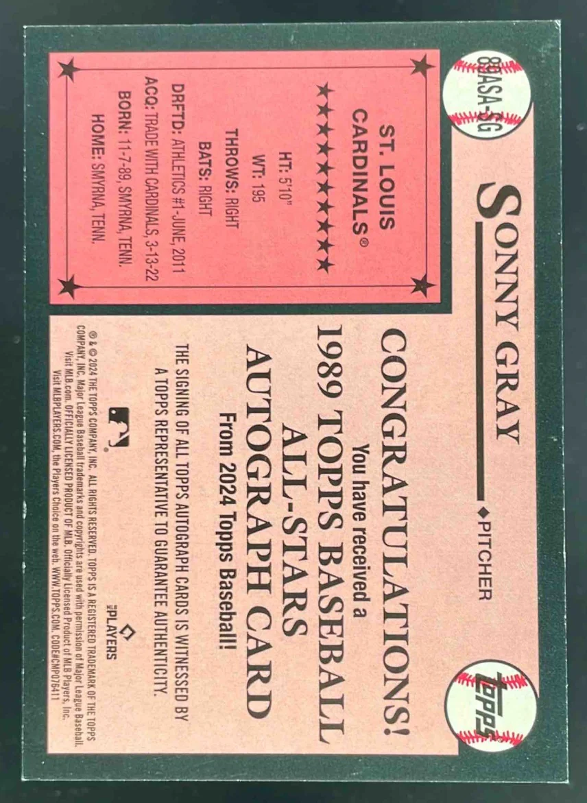 2024 Topps 1989 35th Anniversary All Star Autographs #89ASA-SG Sonny Gray Auto - Image 2