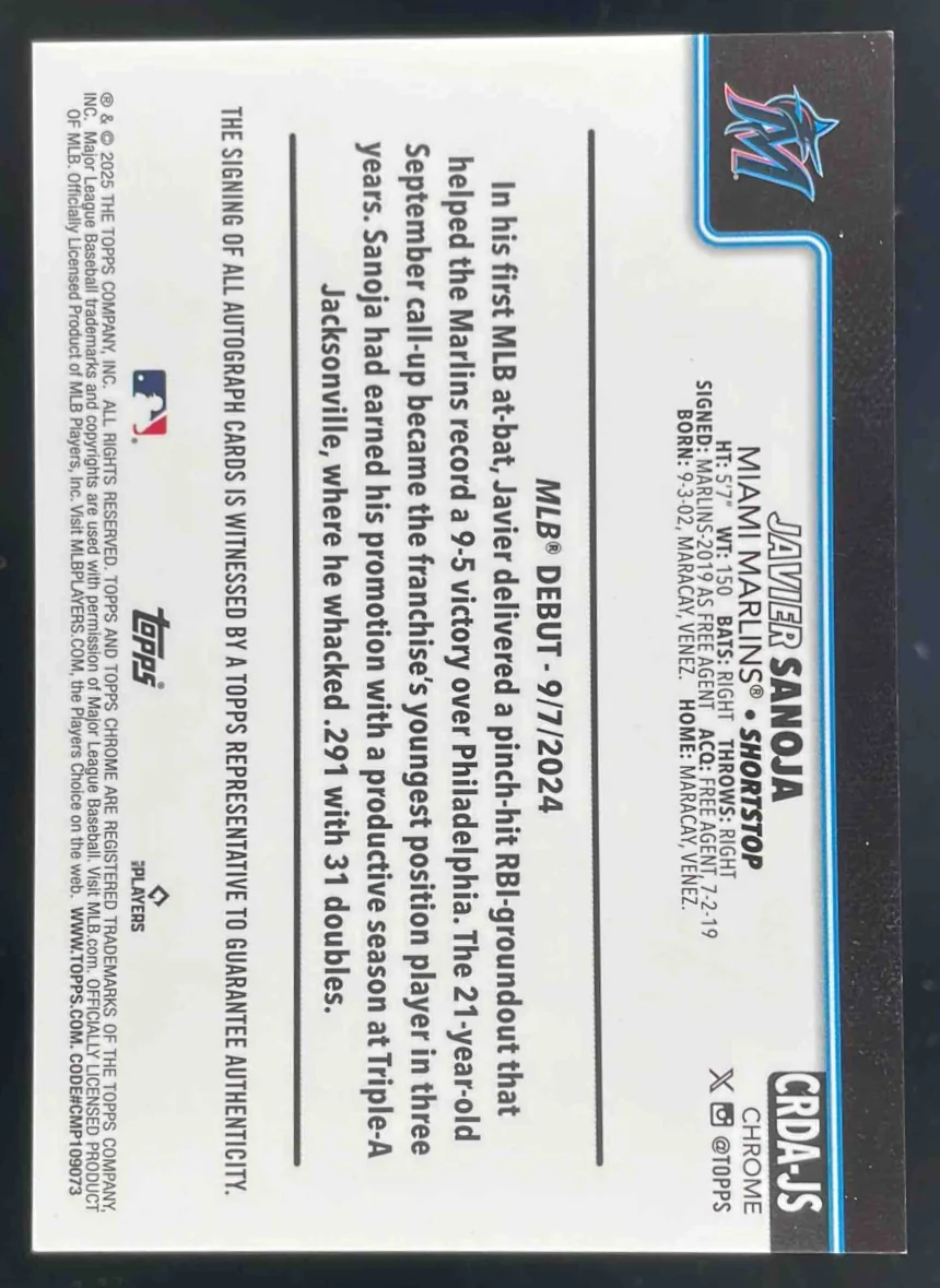 2025 Topps Chrome Update Rookie Debut Autograph #CRDA-JS Javier Sanoja RC Auto - Image 2