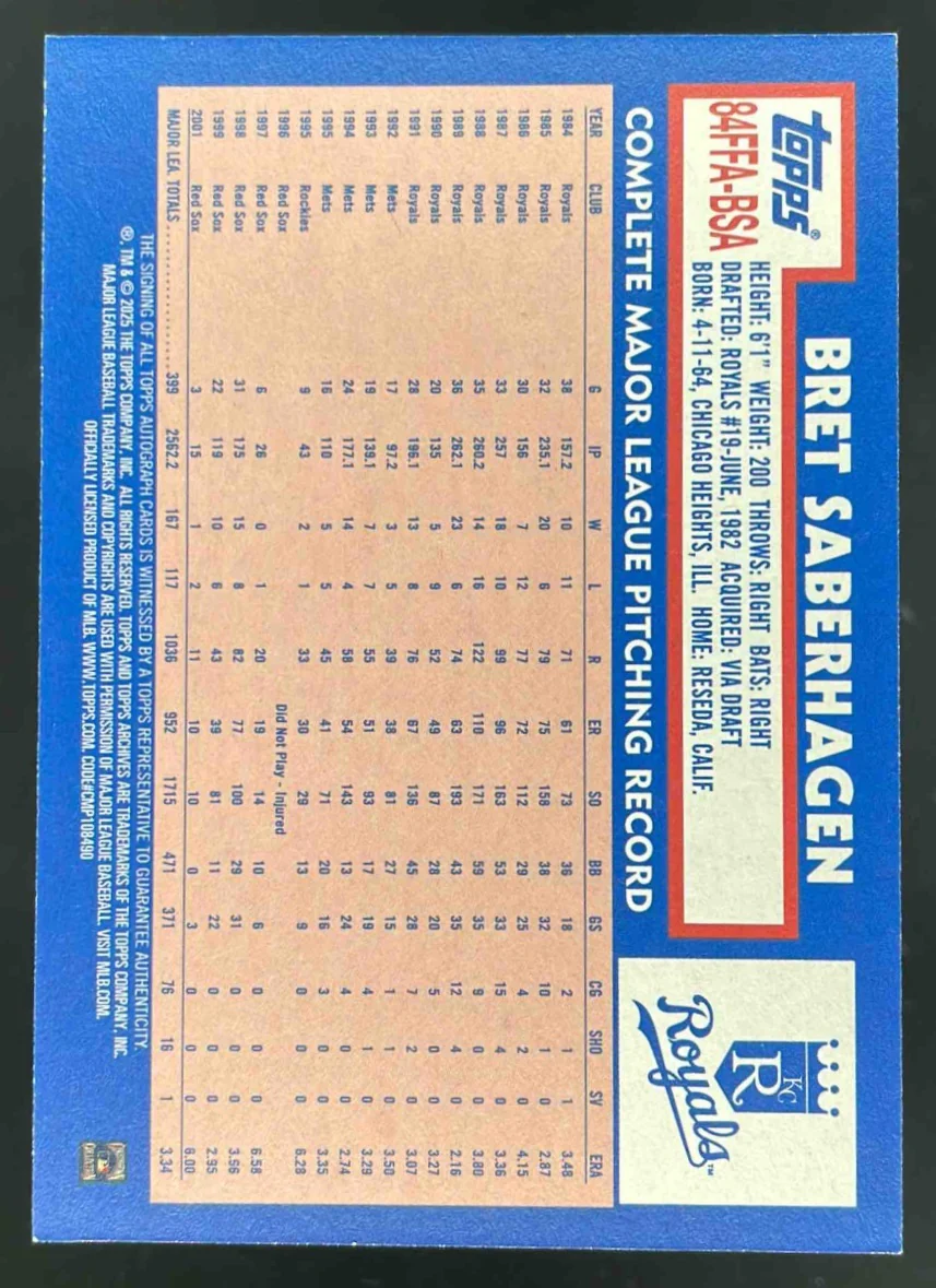 2025 Topps Archives 1984 Fan Favorites Autograph #84FFA-BSA Bret Saberhagen Auto - Image 2