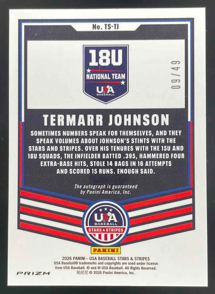 2026 Panini Stars and Stripes Throwback Blue #TS-TJ Termarr Johnson Auto /49 - Image 2