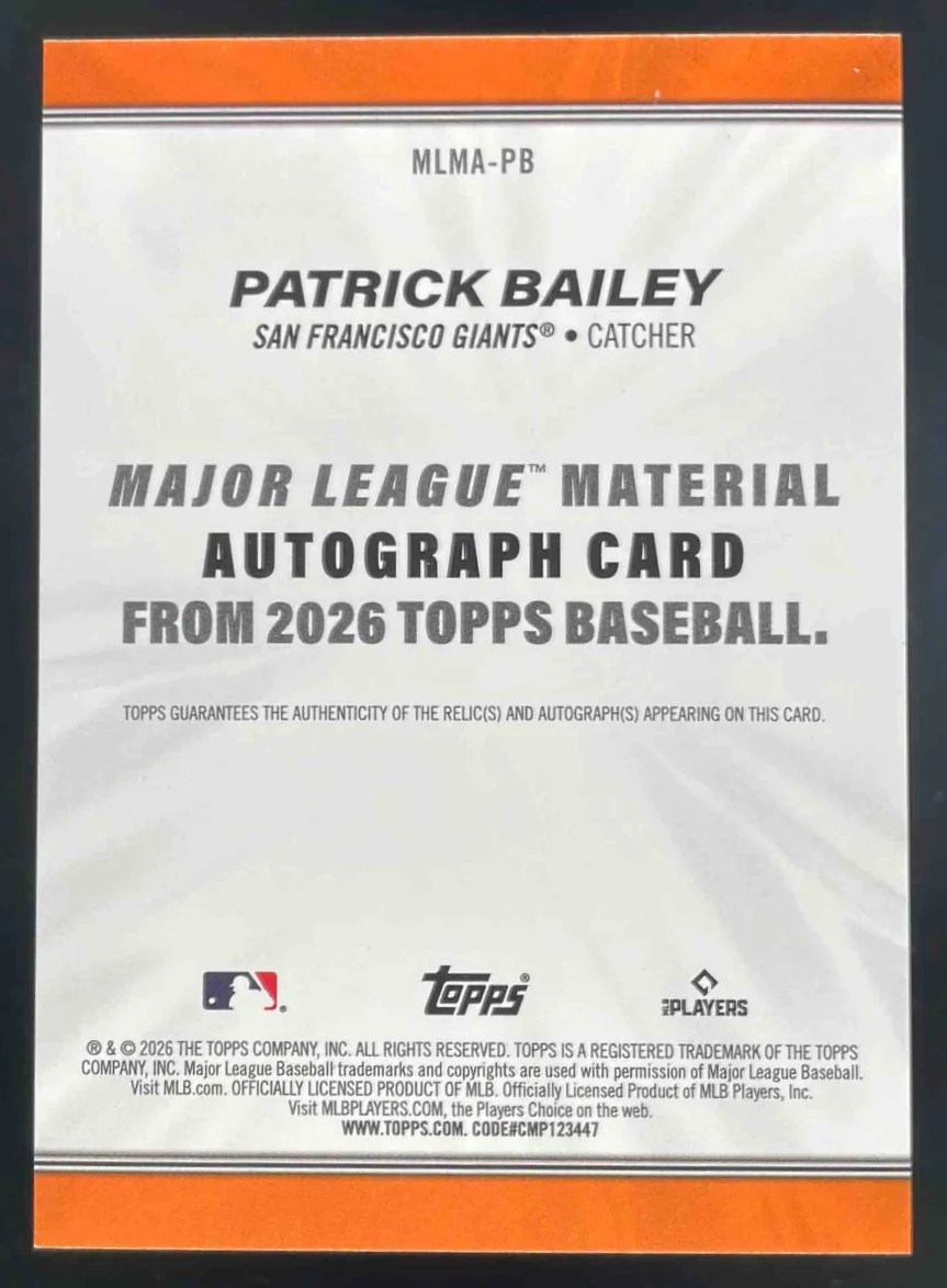 2026 Topps Major League Materials Autograph #MLMA-PB Patrick Bailey Auto - Image 2