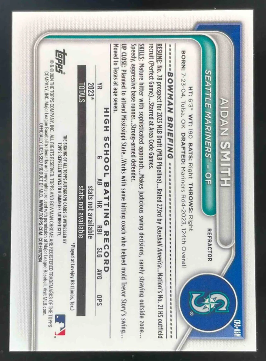 2024 Bowman Chrome Autographs Refractor #CPA-ASM Aidan Smith RC Auto /499 - Image 2