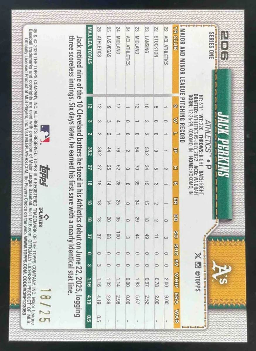 2026 Topps Wood #206 Jack Perkins RC /25 - Image 2