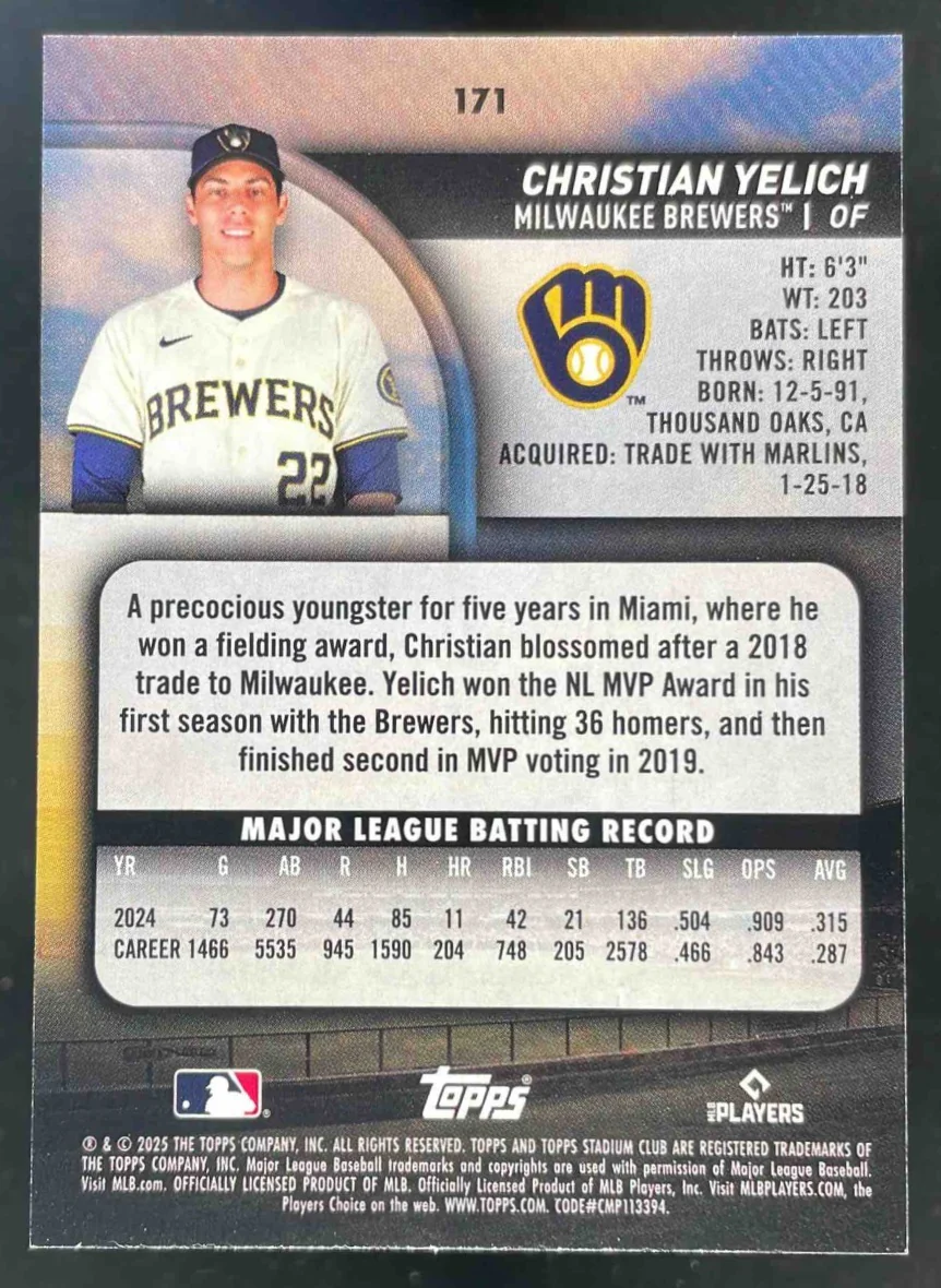 2025 Topps Stadium Club Members Only #171 Christian Yelich - Image 2