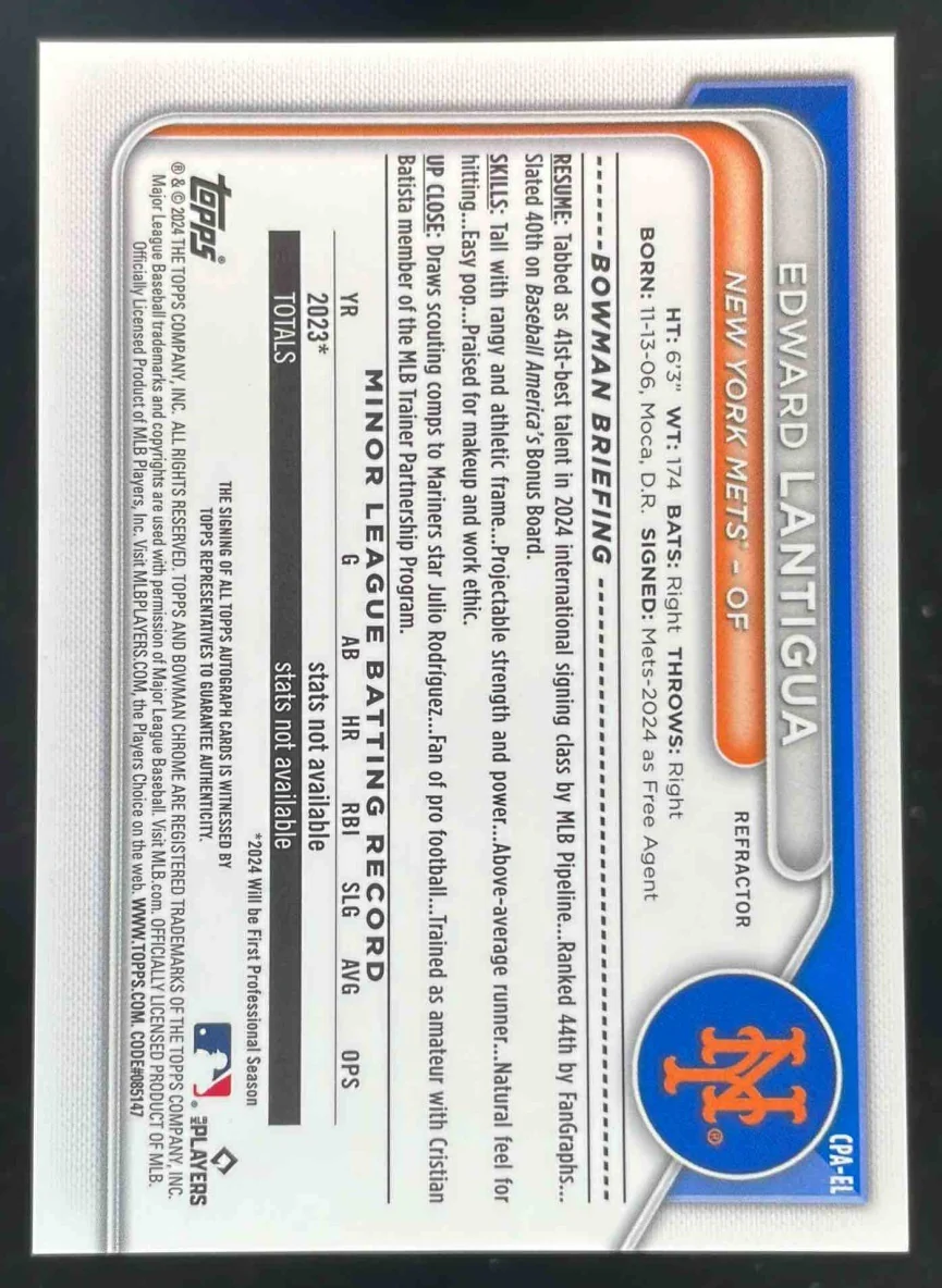 2024 Bowman Chrome Autographs Refractor #CPA-EL Edward Lantigua RC Auto /499 - Image 2