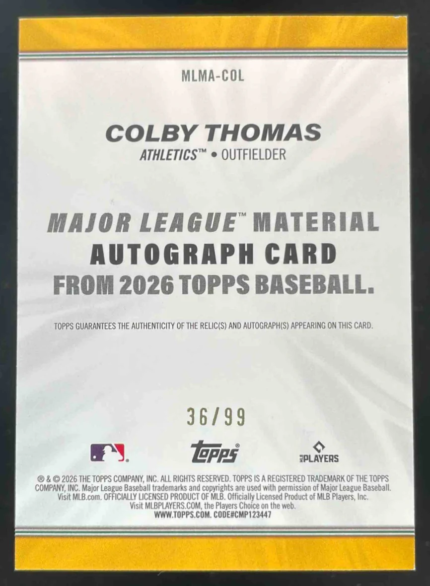 2026 Topps Major League Materials Autograph #MLMA-COL Colby Thomas RC Auto - Image 2