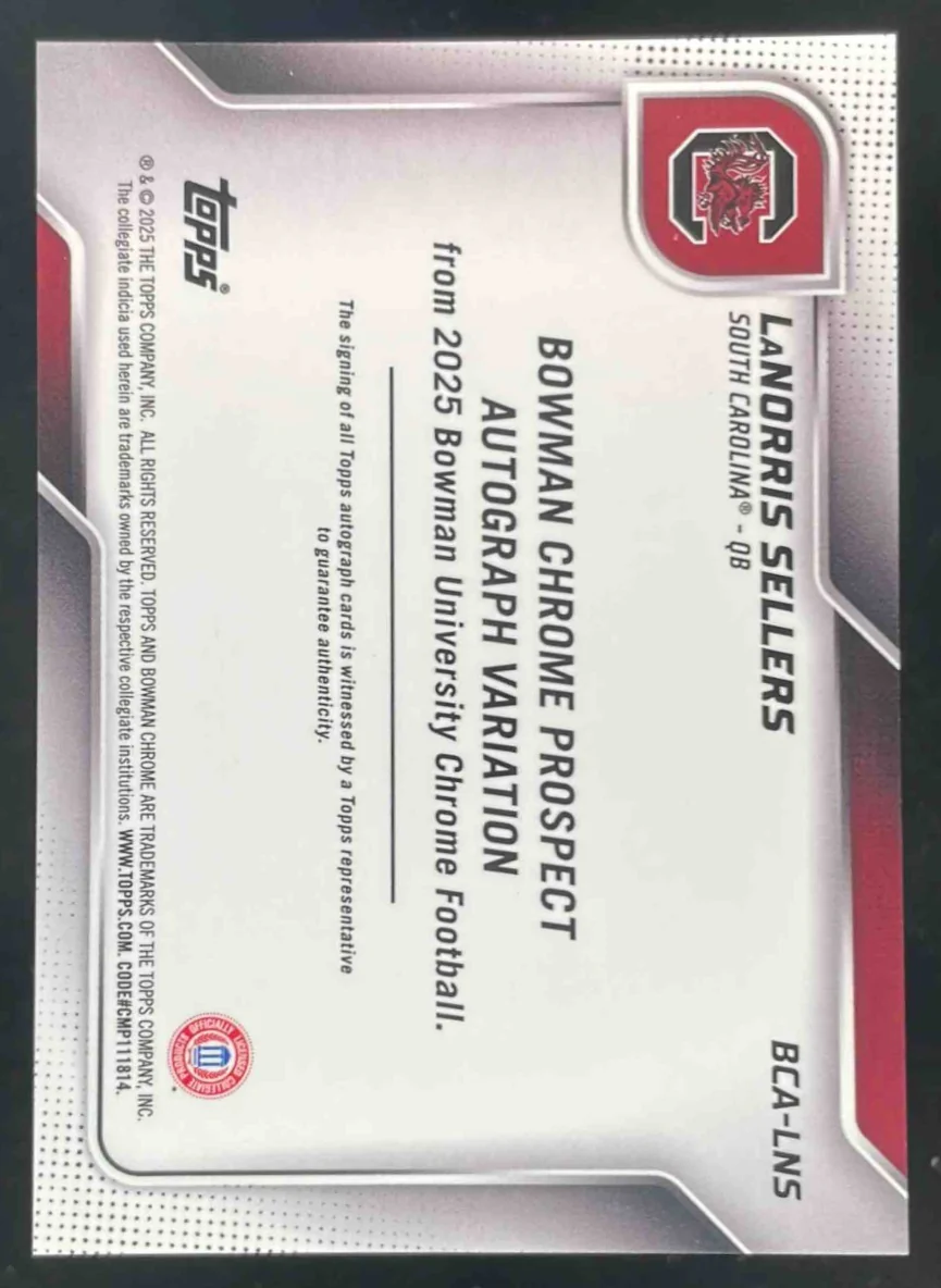 2025 Bowman Chrome University Sapphire Autograph #BCA-LNS LaNorris Sellers Auto - Image 2