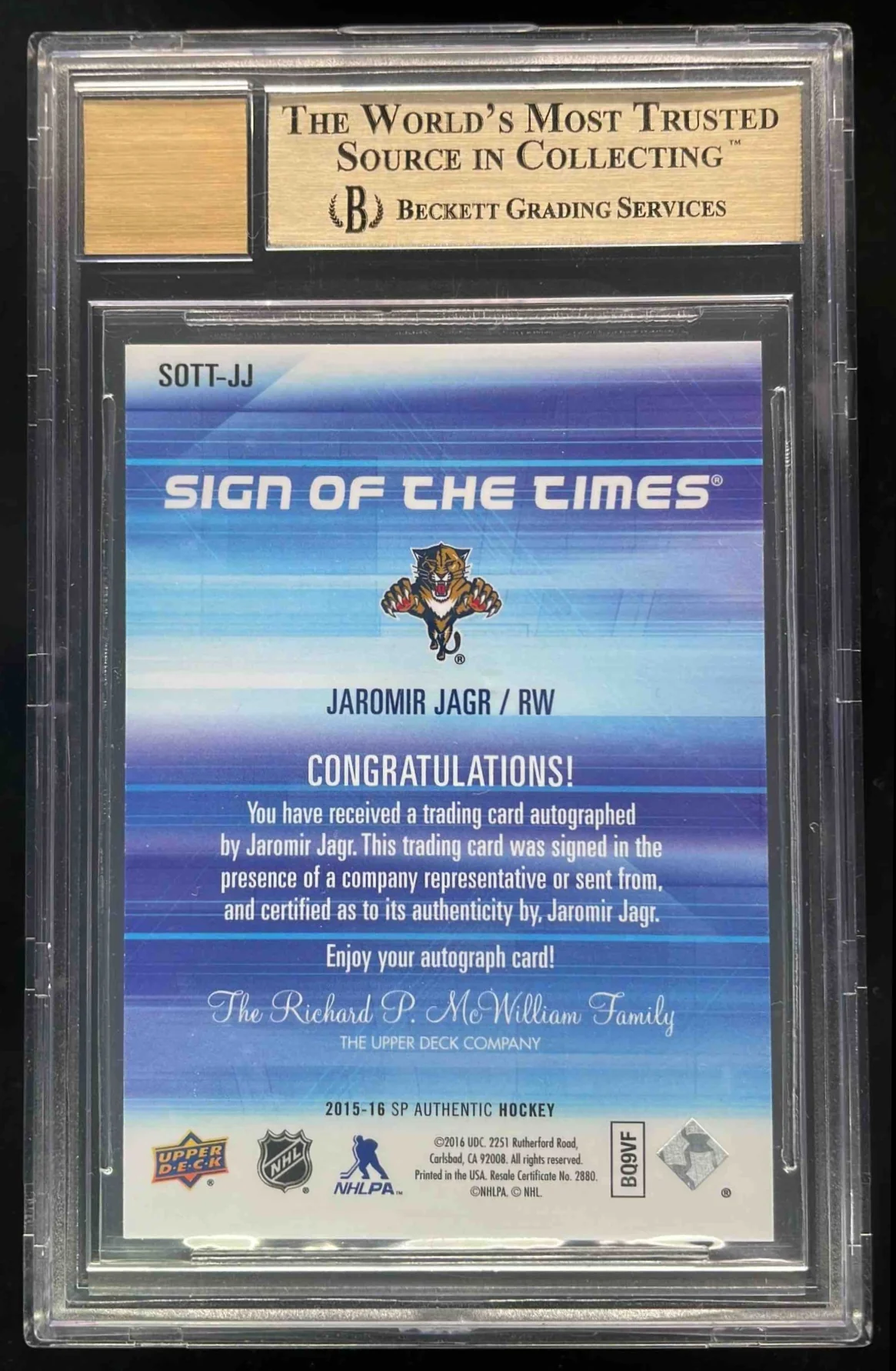 2015 SP Authentic Sign of the Times #SOTT-JJ Jaromir Jagr Autograph Auto BGS 9.5 - Image 2