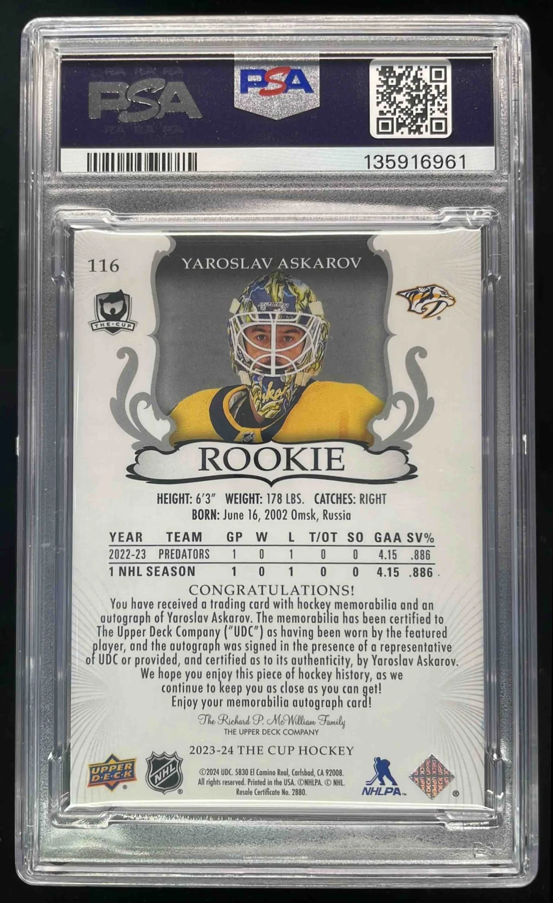 2023 The Cup Gold Foil #116 Yaroslav Askarov Autograph RC Auto /24 PSA 8 - Image 2