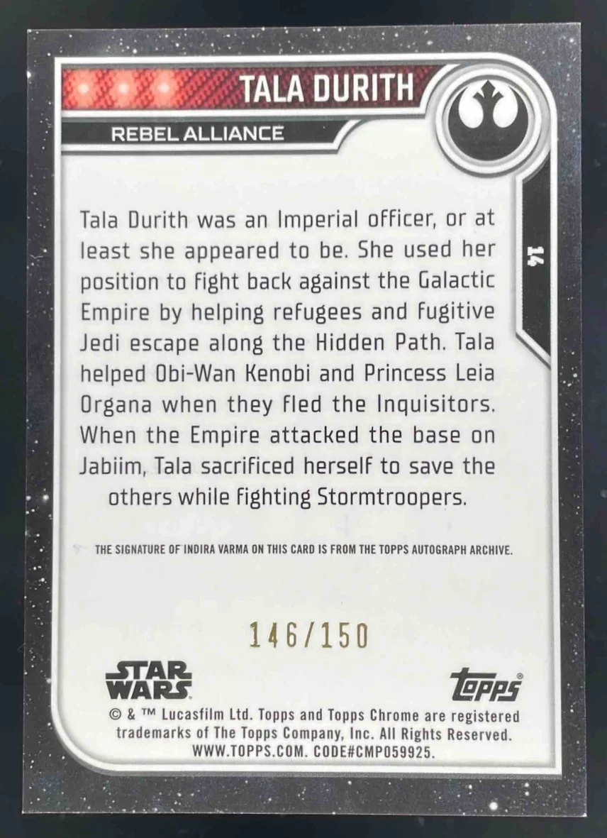 2023 Topps Chrome Star Wars Character Autographs Blue #14 Indira Varma Auto /150 - Image 2