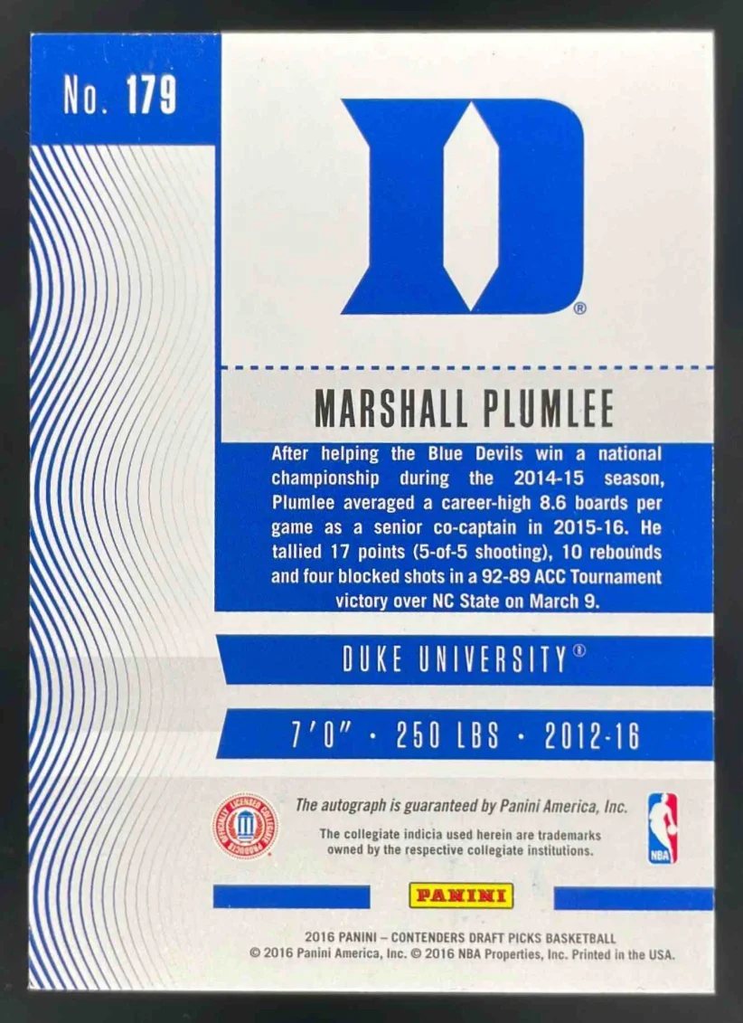 2016 Contenders Draft College Ticket Cracked Ice Marshall Plumlee RC Auto /23 - Image 2