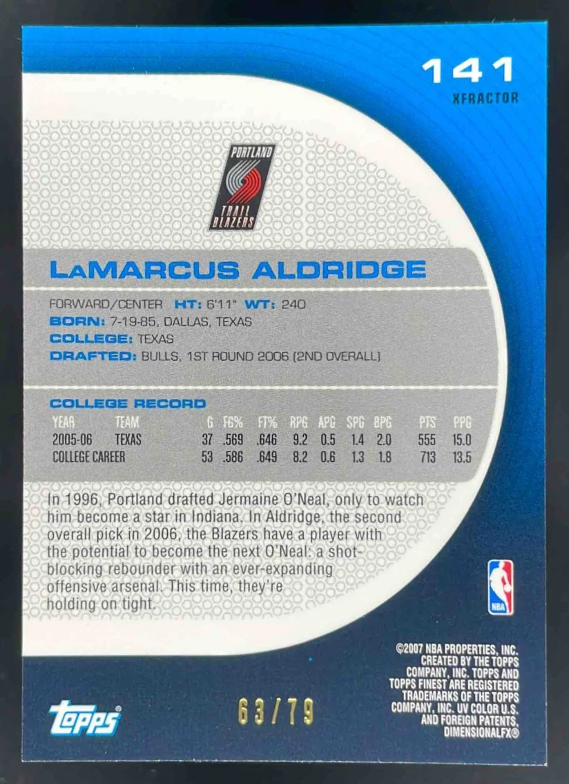 2005-06 Topps Finest X Fractors Green #141 LaMarcus Aldridge /79 - Image 2