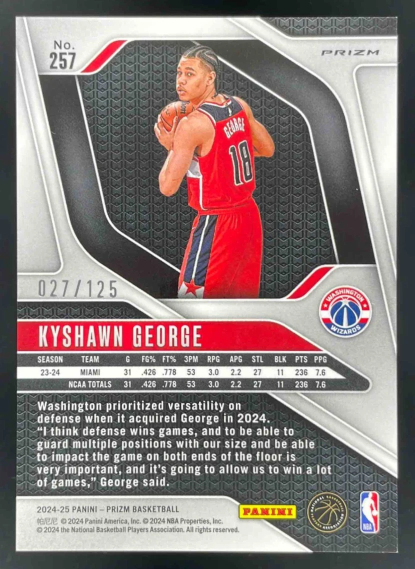 2024-25 Panini Prizm Fast Break Orange Prizm #257 Kyshawn George /125 - Image 2