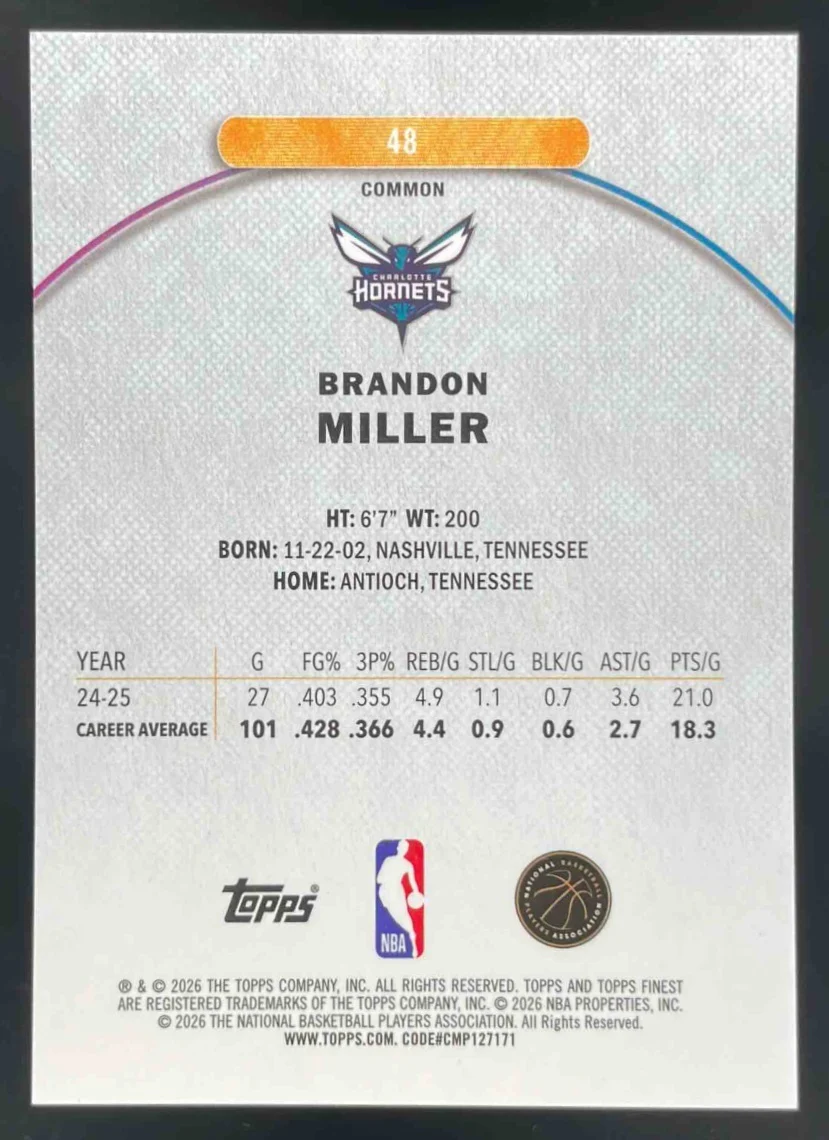 2025-26 Topps Finest Common Orange Refractor #48 Brandon Miller /25 - Image 2