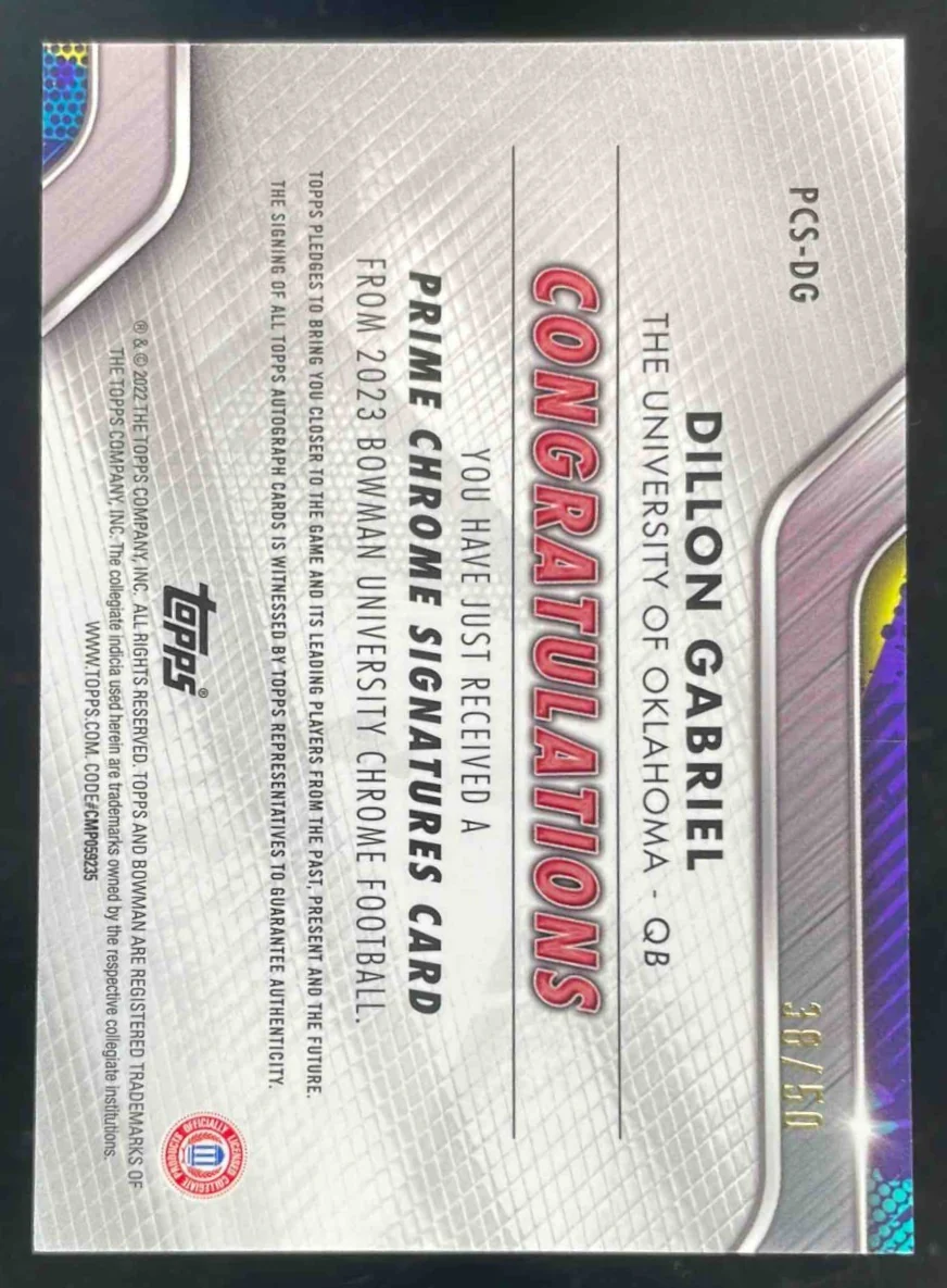 2022 Bowman University Chrome Prime Chrome #PCS-DG Dillon Gabriel Auto /50 - Image 2