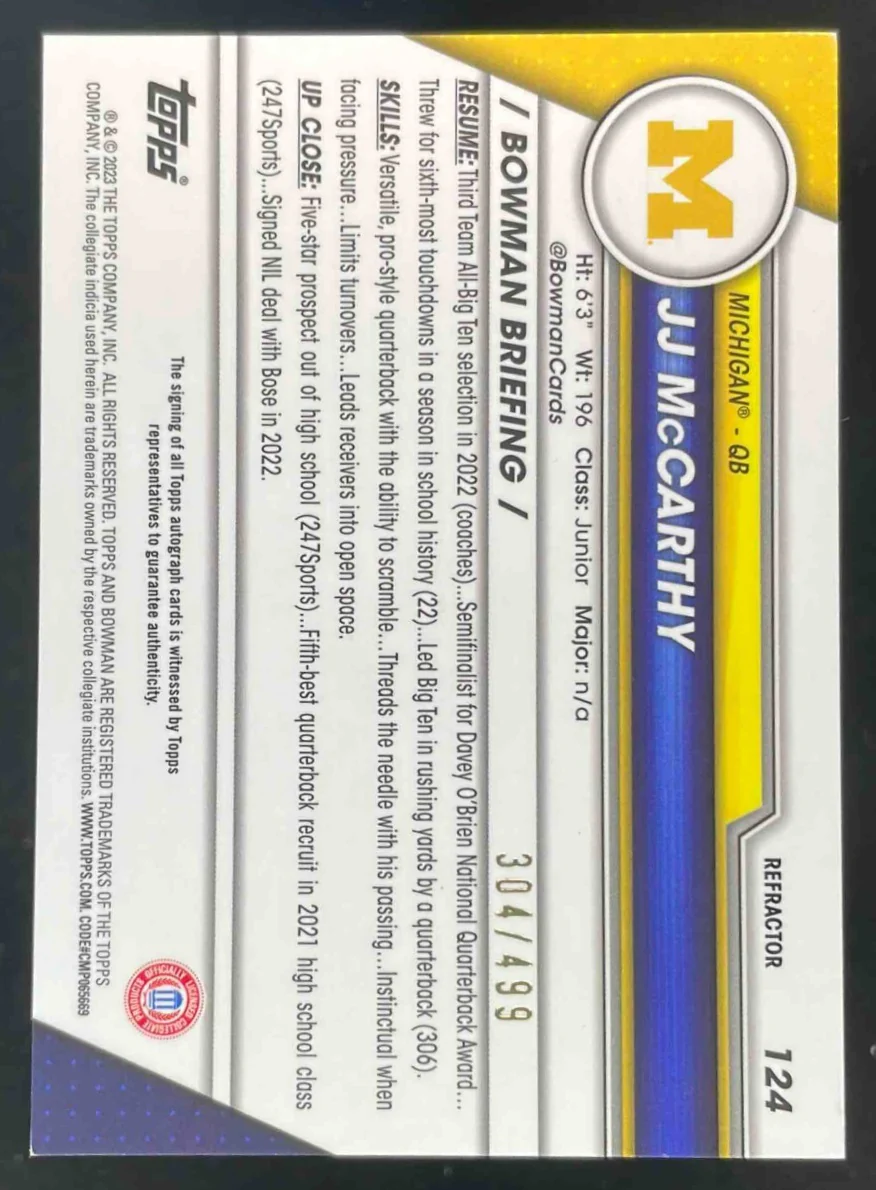2023 Bowman University Chrome #124 JJ McCarthy Auto /499 - Image 2