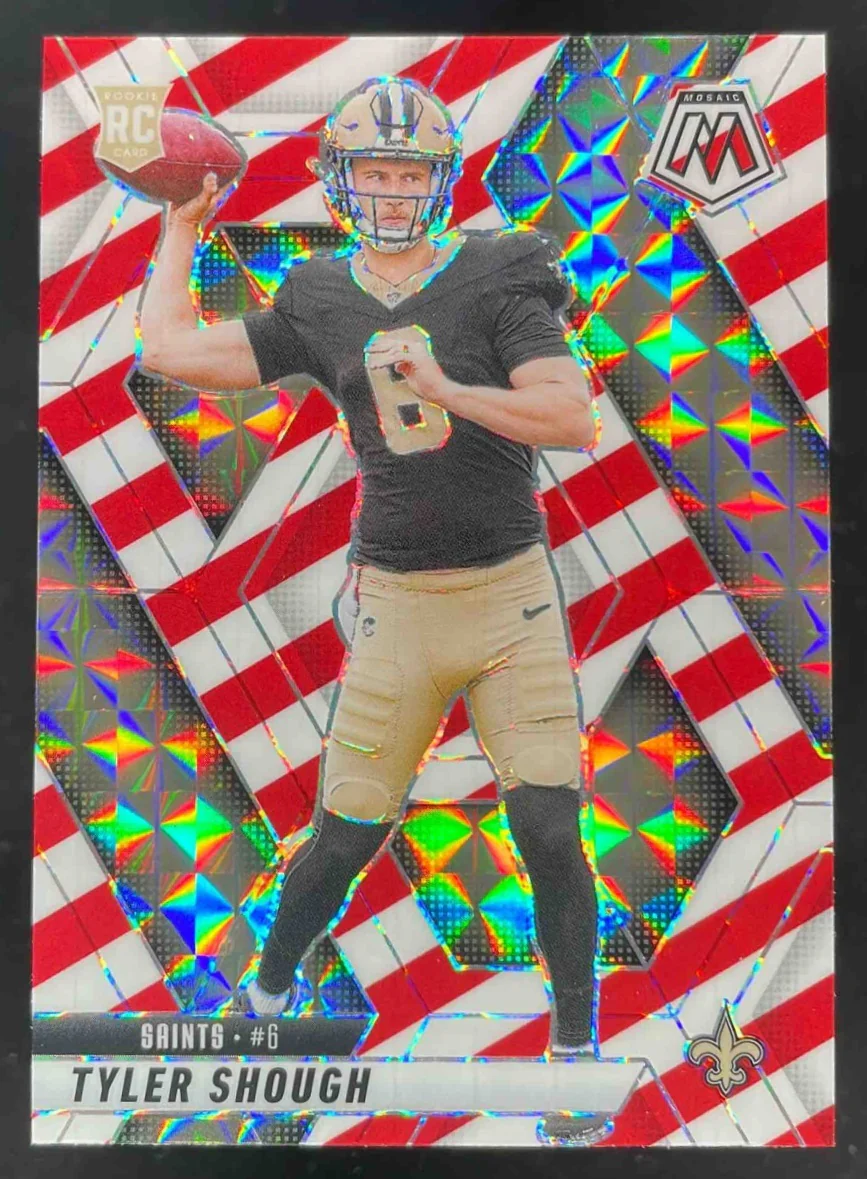 2025 Panini Mosaic Rookies Red and White Stripe Prizm #312 Tyler Shough RC