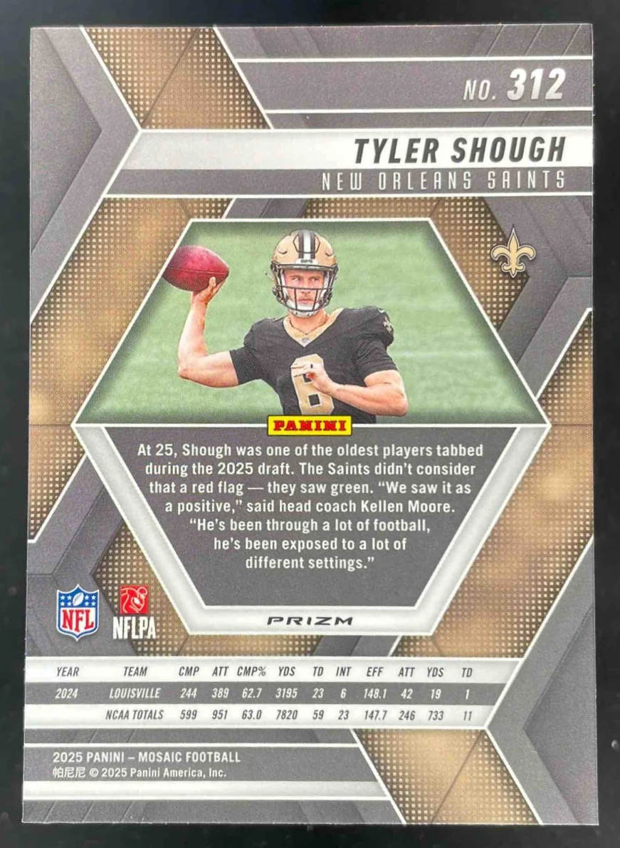 2025 Panini Mosaic Rookies Red and White Stripe Prizm #312 Tyler Shough RC - Image 2