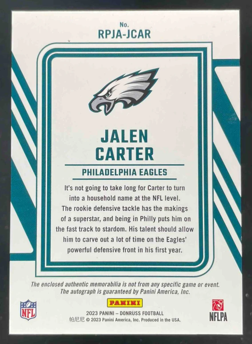 2023 Donruss Rookie Phenom Jersey Prime #RPJA-JCAR Jalen Carter RC Auto /49 - Image 2