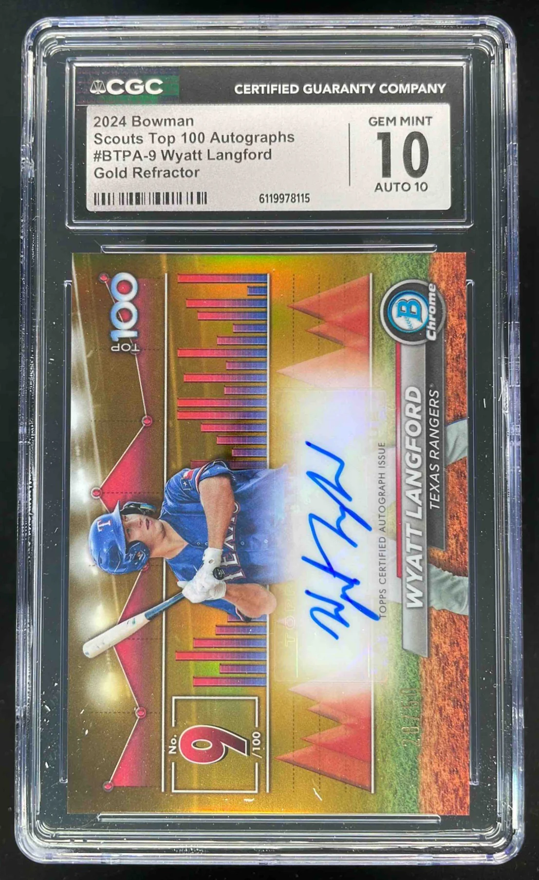 2024 Bowman Scouts Top 100 Chrome Gold #BTPA-9 Wyatt Langford RC Auto /50 CGC 10