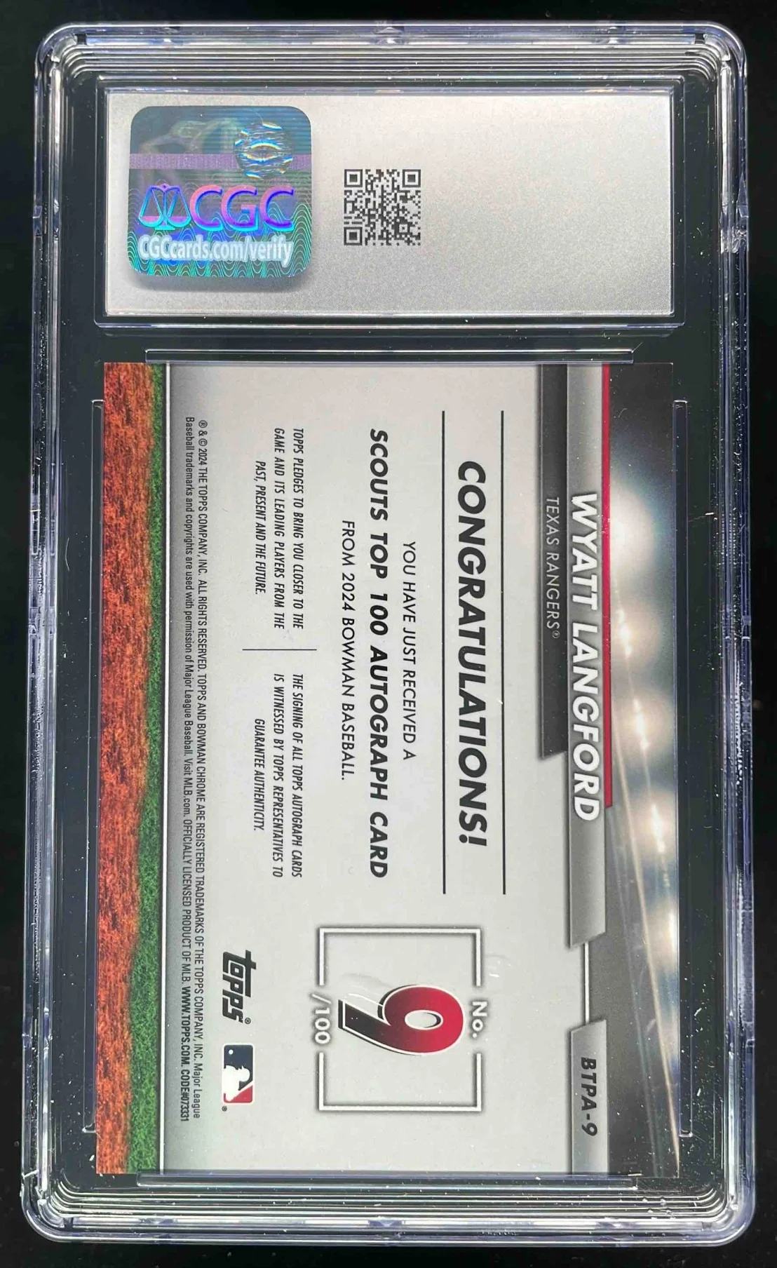 2024 Bowman Scouts Top 100 Chrome Gold #BTPA-9 Wyatt Langford RC Auto /50 CGC 10 - Image 2