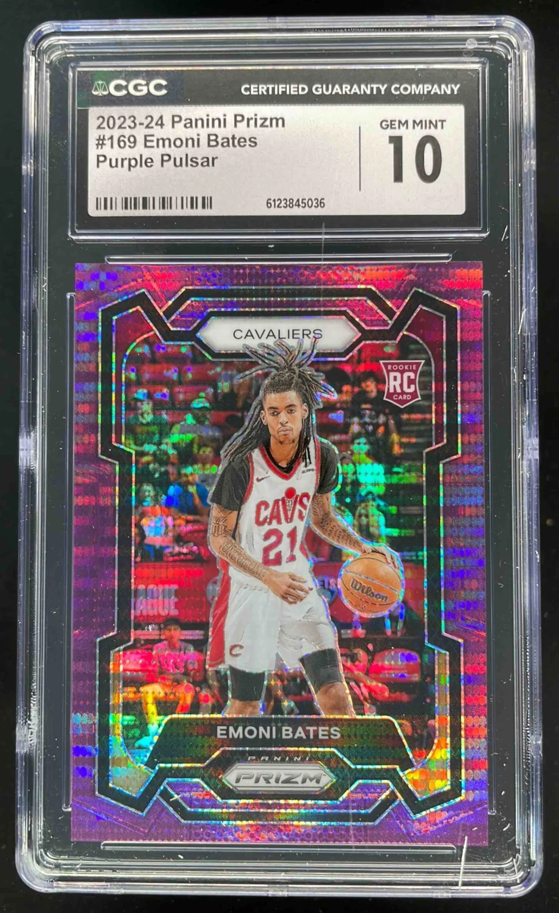 2023-24 Panini Prizm Prizms Purple Pulsar #169 Emoni Bates RC /35 CGC 10
