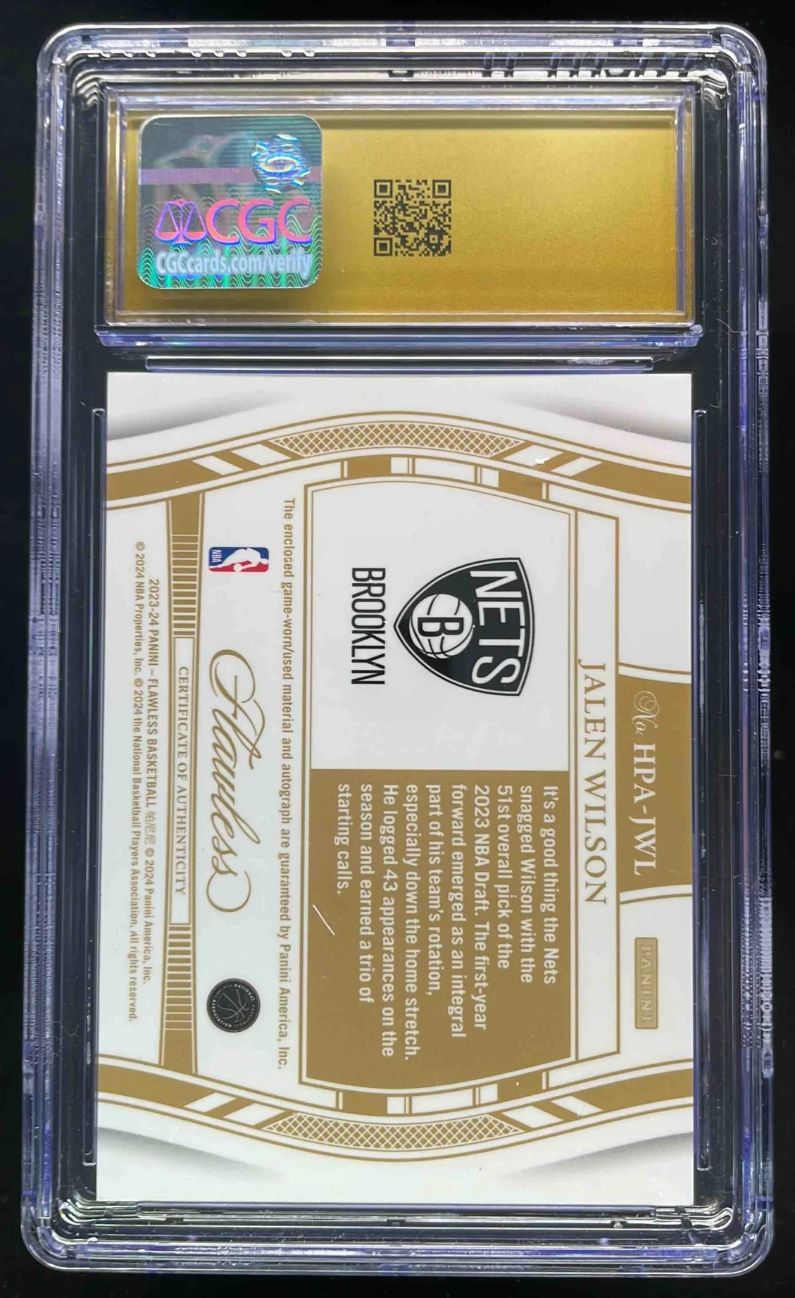 2023-24 Flawless Horizontal Patch #HPA-JWL Jalen Wilson RC Auto /25 CGC 10 - Image 2