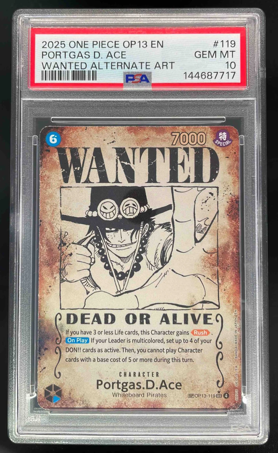 2025 One Piece OP13 EN #119 Portgas D Ace Wanted Alternate Art PSA 10